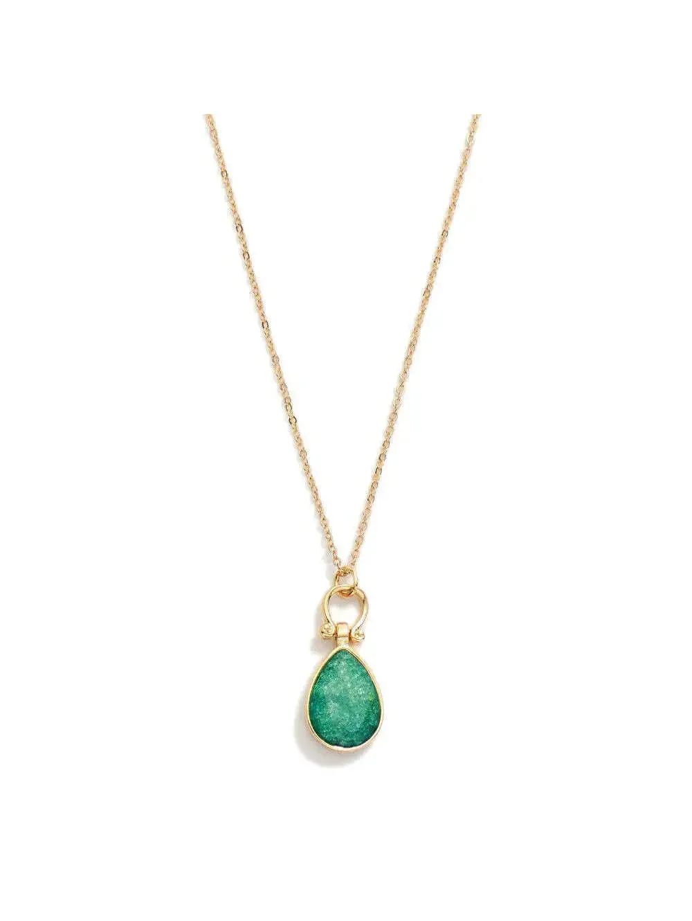 Gold Tone Chain Necklace Green Glitter Teardrop Pendant 20